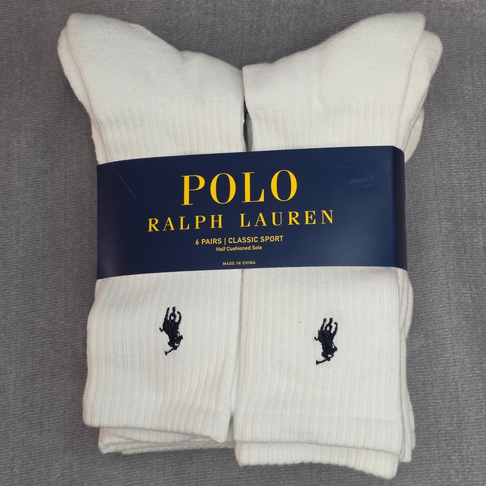 Polo Ralph Lauren Socks Mens 10-13 White 6-Pack Classic Sport Crew Preppy NEW